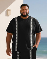 Big & Tall Men Black Geometric Symmetrical Pattern Printed Round Neck Short Sleeve T-Shirt Shorts Suit